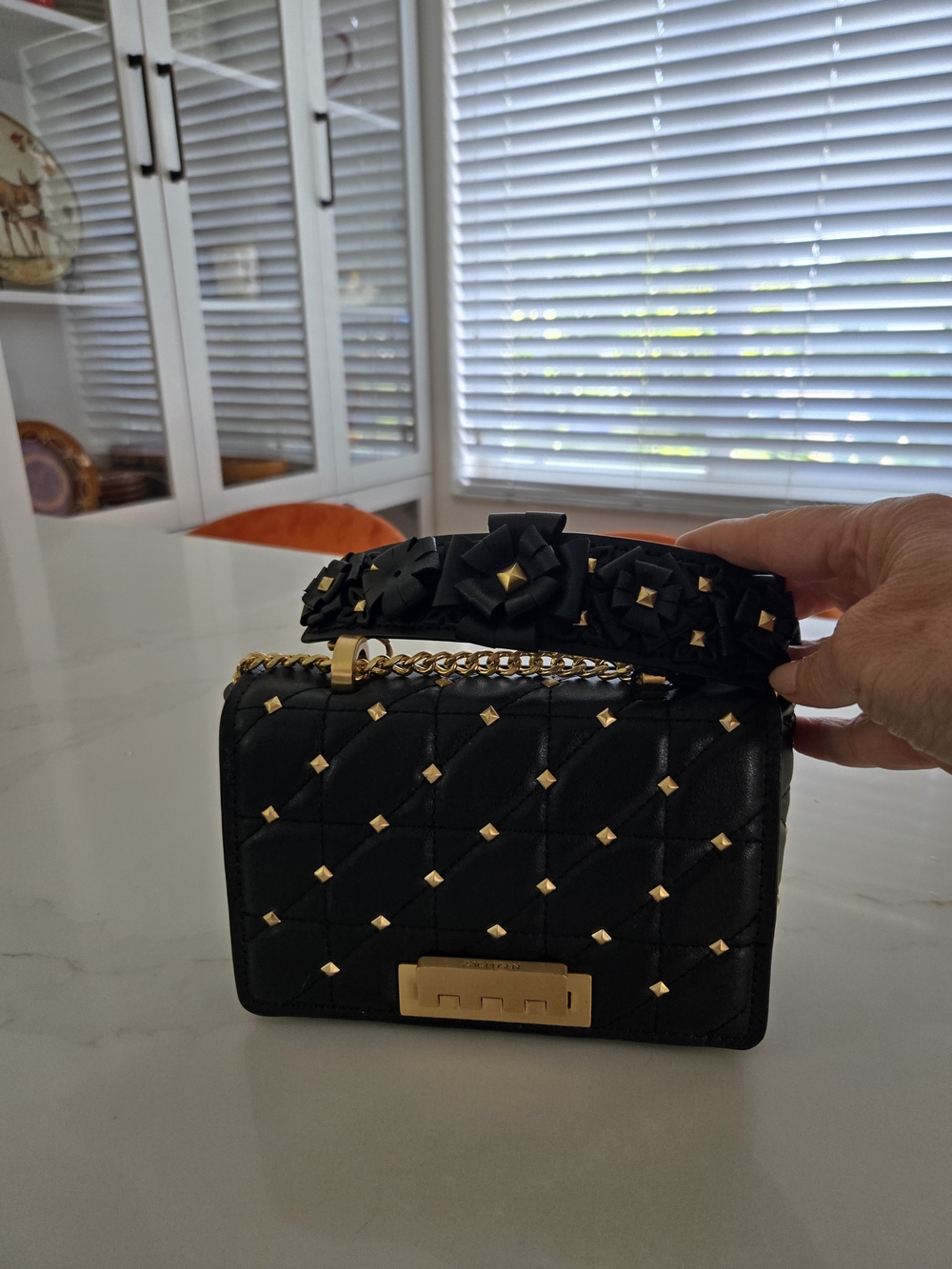 Zac Posen Black Quilted Mini Bag with Gold Studs and Chain
